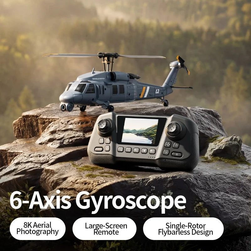 8K HD Camera RC Helicopter With LCD Screen Optical Flow Positioning One Key Takeoff WIFI FPV RC Airplane Single-Rotor Flybarless
