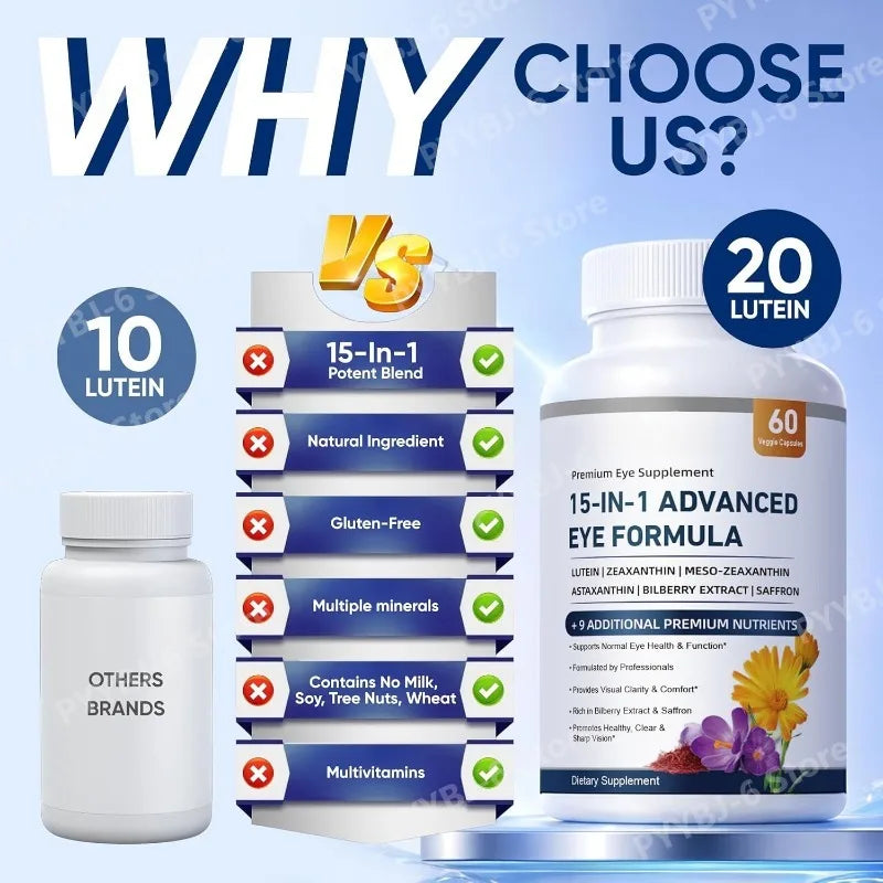 15 in 1 Advanced Eye Formula Lutein Zeaxanthin Bilberry Extract Vitamin C & E Supports Eye Health 60 Veggie Capsules for adult