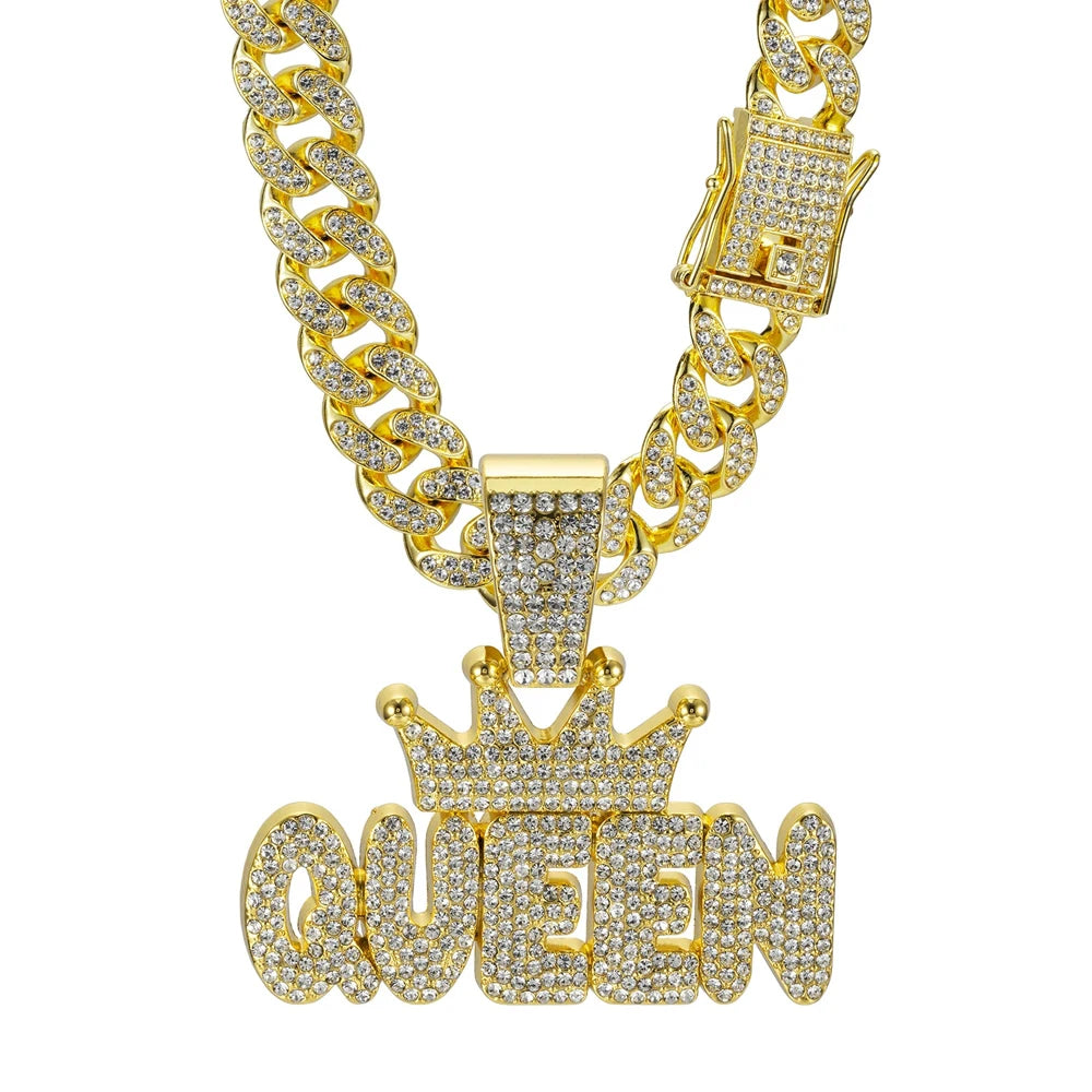 Men's Hip Hop Crown with QUEEN Letter Pendant Necklace For Women Crystal Cuban Chain Iced Out Bling Necklaces Rock Biker Jewelry