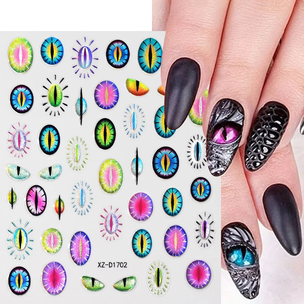 3D Simple Dragon Eyes Nail Art Stickers Green Blue Dinosaur Snake Cat Evil Eye Decal Foil Design Manicure Decoration Accessories