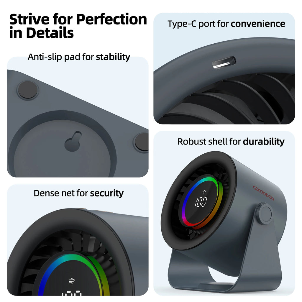 GOOJODOQ Desktop Fan 4000mAh Silent Adjustable Speed Air Circulation Fan 100 Speeds with Digital Display Wall Mountable