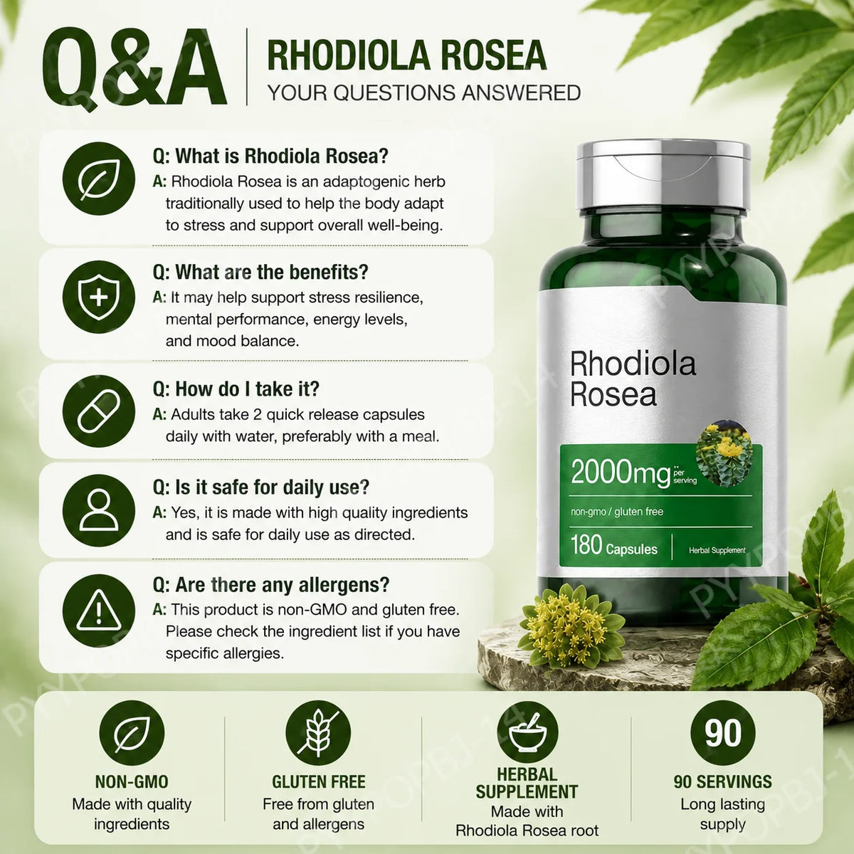 Rhodiola Rosea Root Extract 2000mg Equivalent Herbal Dietary Supplement 180 Capsules