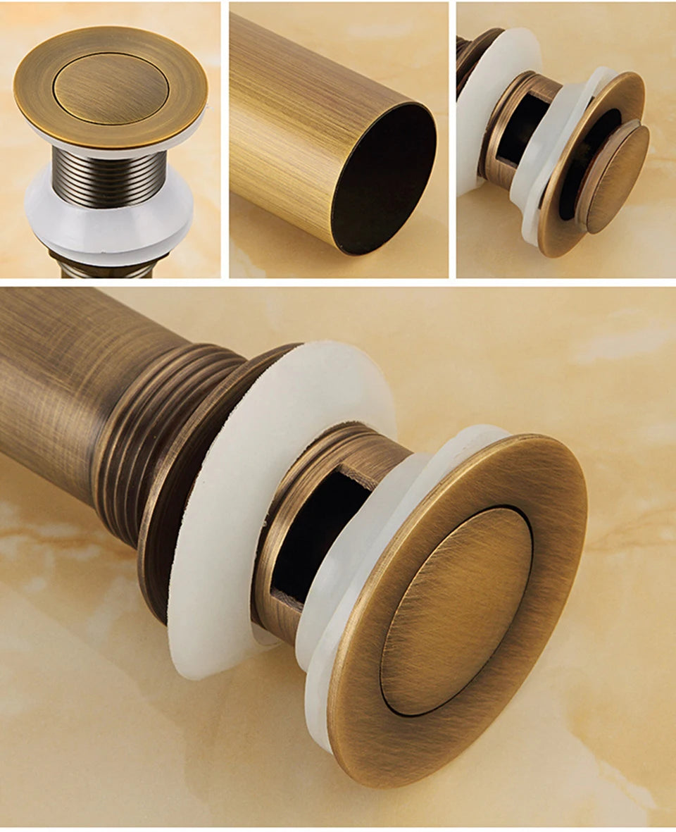 Antique Brass Pop Up Drain Bathroom Sink Push Down Pop Up Stopper Drain Washbasin Accessoires Plug Cover Waste Pipe Drainer