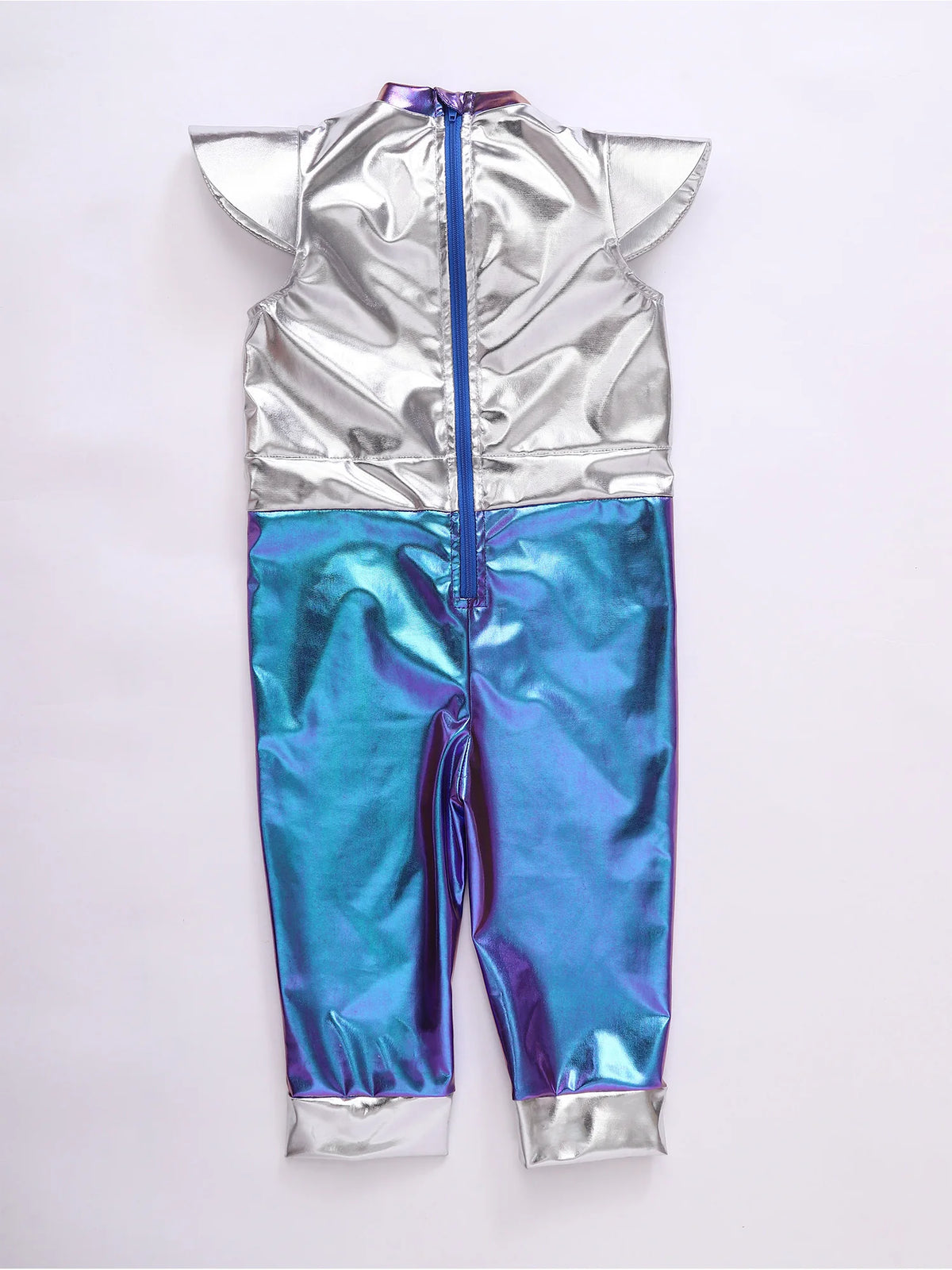 Toddler Boys Girls Shiny Alien Dress-up Costume Jumpsuit Cap Sleeve Zipper Metallic Romper for Photography Halloween Theme Party