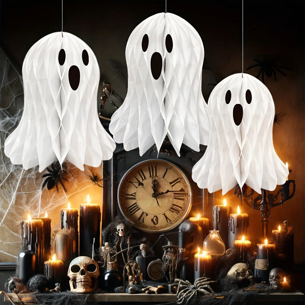 1/2/3PCS Halloween Party & Holiday DIY Decor Hanging Ornament Paper White Honeycomb Ghost Hanging Decor 3D Folding Ghost