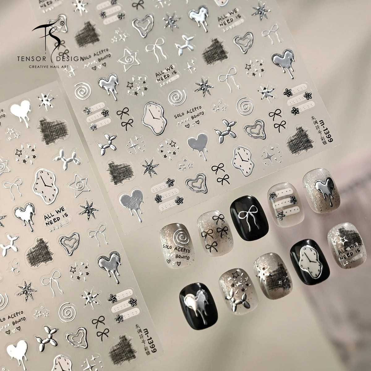 5D Nail Stickers Cute Stars Bow Nail Art Stickers Silver Metallic Metal Graffiti Gray Y2K Symbol DIY Nail 3D Decorations Decals