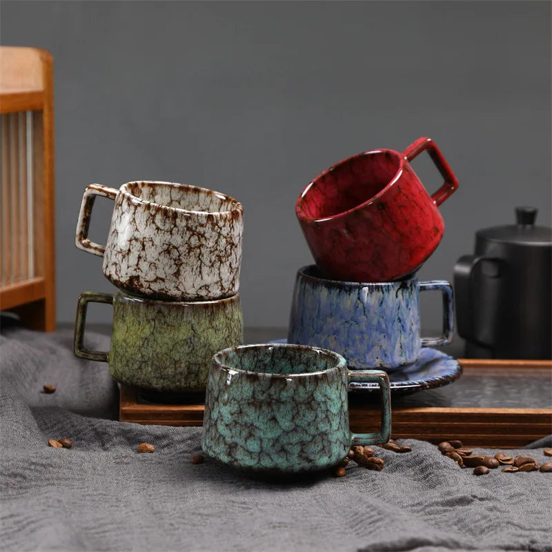 180ML Japanese Espresso Cup and Dish Kiln Transformed Ceramic Cup Retro Coarse Ceramic Mug Living Room Decoration