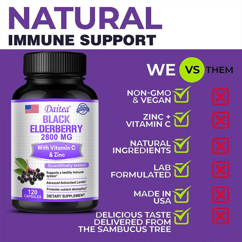 Black Elderberry Capsules 2000mg with Vitamin C, Milk Thistle, Antioxidants, Immune System Support, Energy Boost, Non-GMO