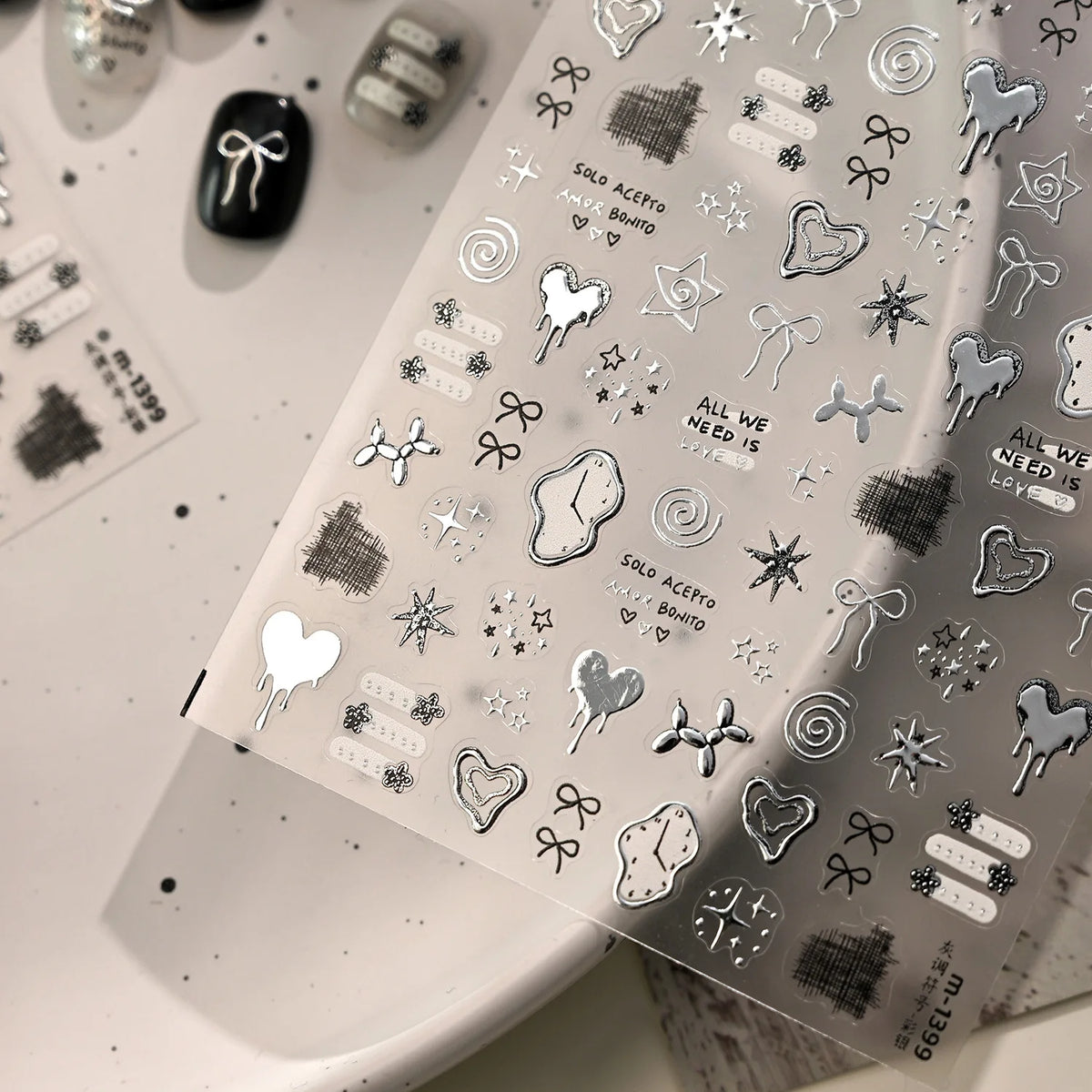 5D Nail Stickers Cute Stars Bow Nail Art Stickers Silver Metallic Metal Graffiti Gray Y2K Symbol DIY Nail 3D Decorations Decals