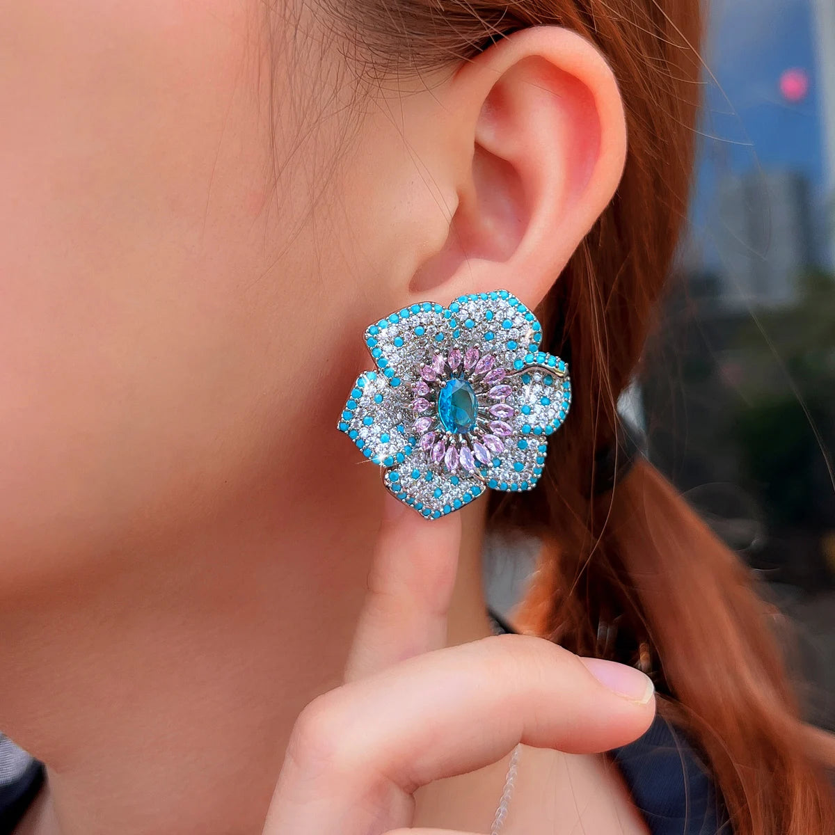 CWWZircons Fashion Korean Blue Pink CZ and Turquoise Micro Pave Large Flower Stud Earrings for Women Wedding Party Jewelry E1184
