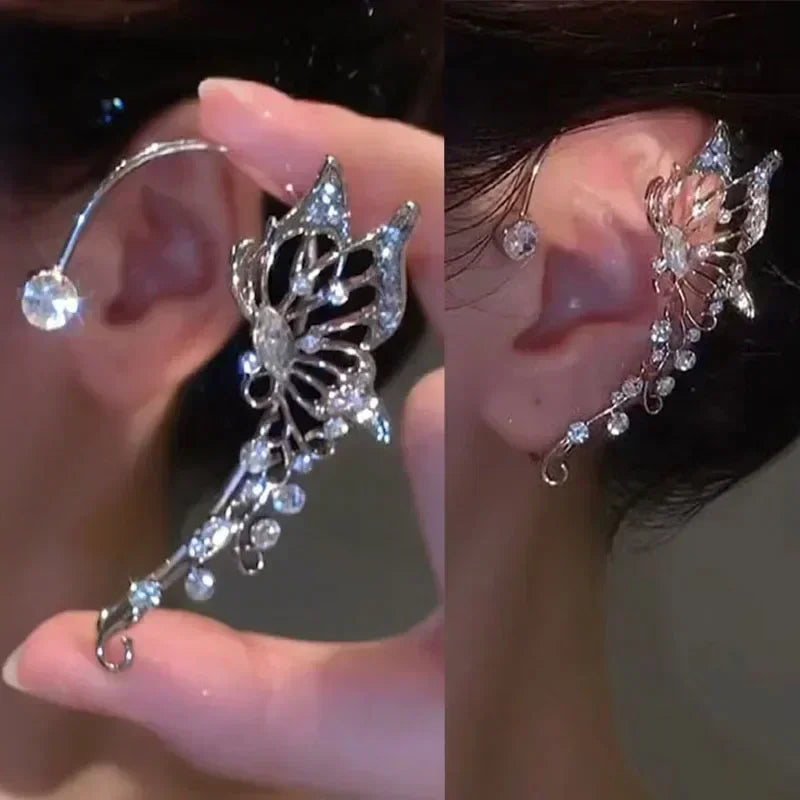 Sparkle Zircon Butterfly Earrings Without Piercing for Women Silver Color Elf Earrings Ear Cuffs Party Wedding Korean Jewelry