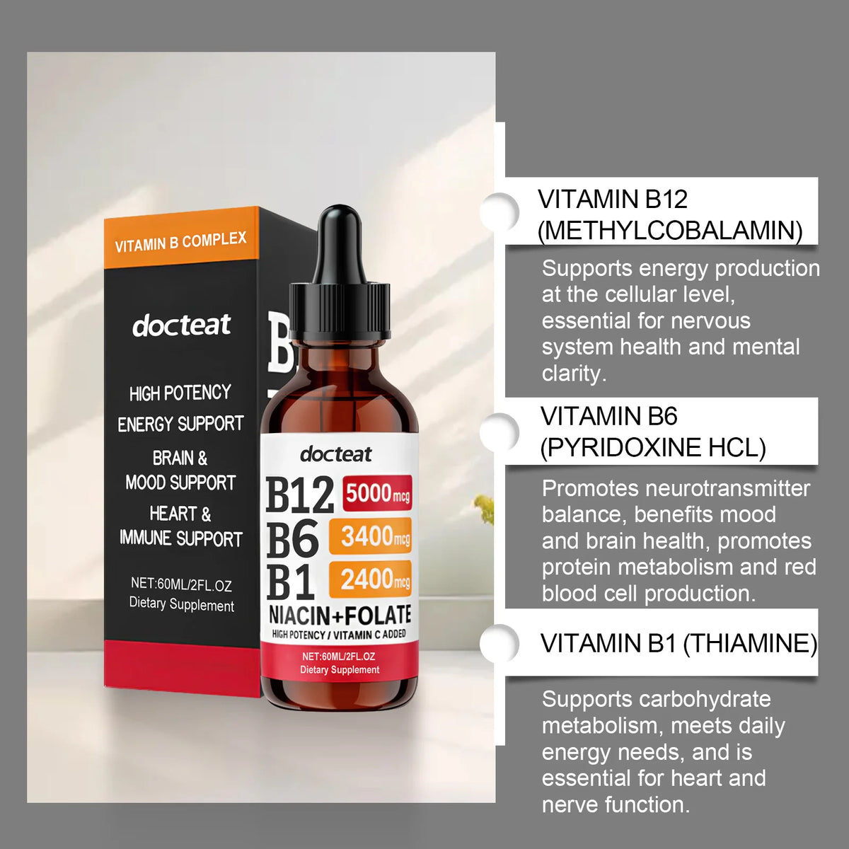 Docteat B Complex Drops 60ml High Potency B12 5000mcg Methylcobalamin Energy Brain Mood Heart Immune Support Non GMO Vegan