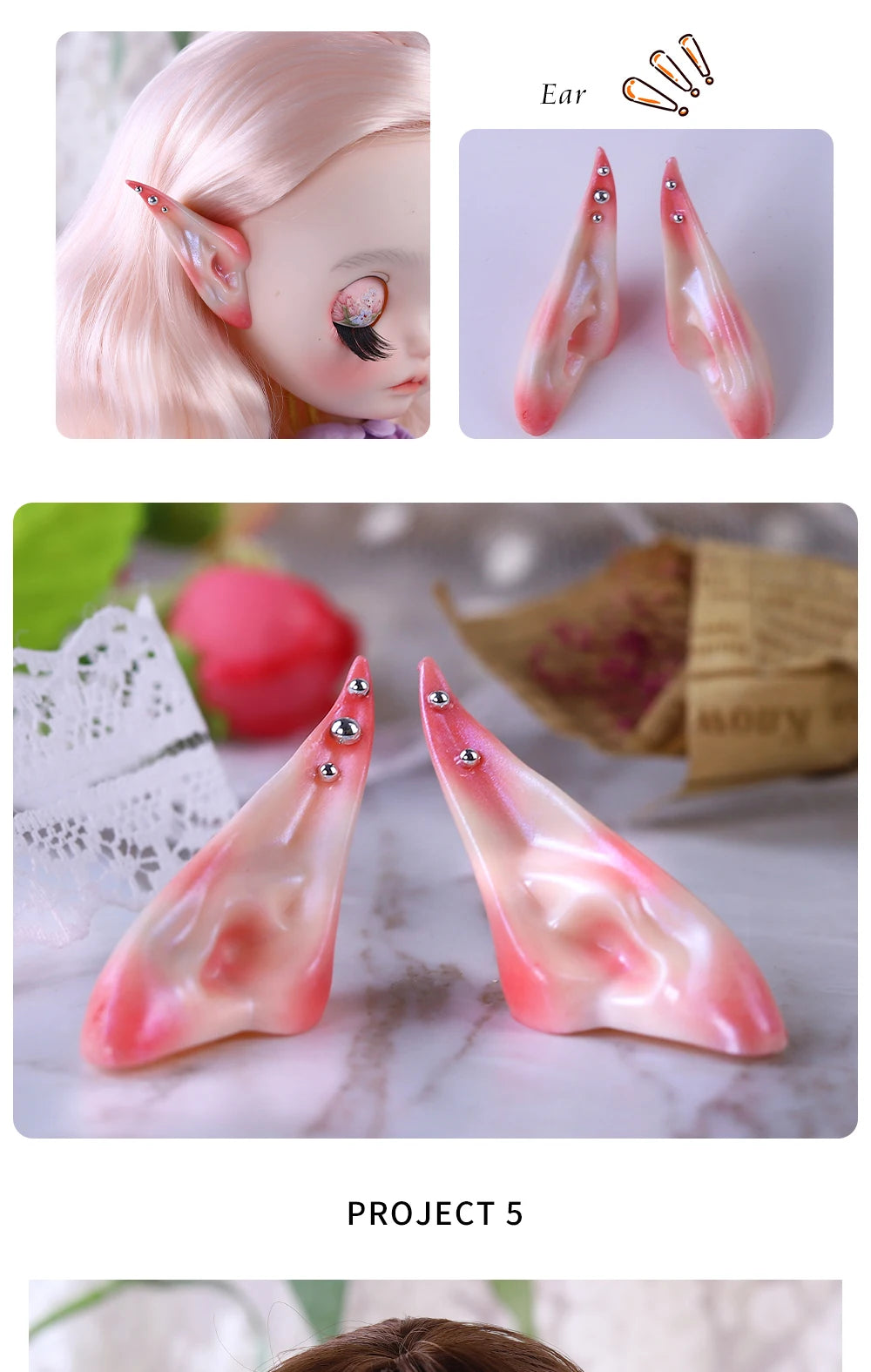 Blyth 1/6 Doll Ear: Hand-painted Ears with Rhinestone Texture and Openwork Design DIY Accessories for 30 cm Dolls