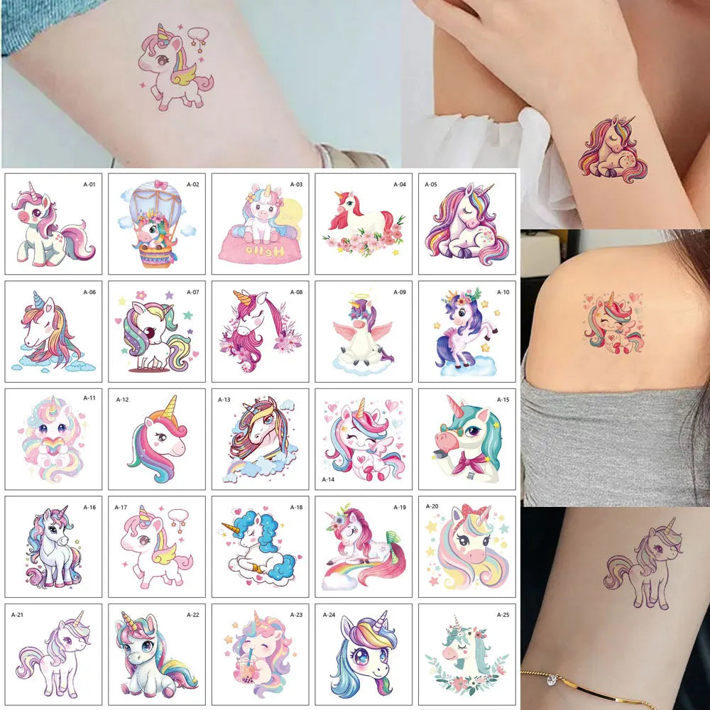 25pcs Cartoon Tattoo Stickers for Hand Face Makeup Unicorn Temporary Tattoo Stickers Cute Hand Tattoo Decoration