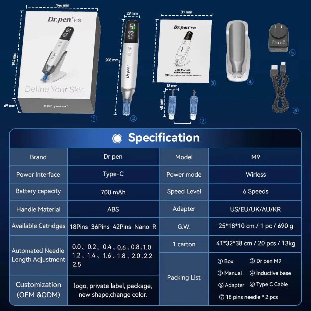 Derma Pen M9 Smart Cotrol Microneedling Pen 6 Speed Level Needle Length 0.25mm