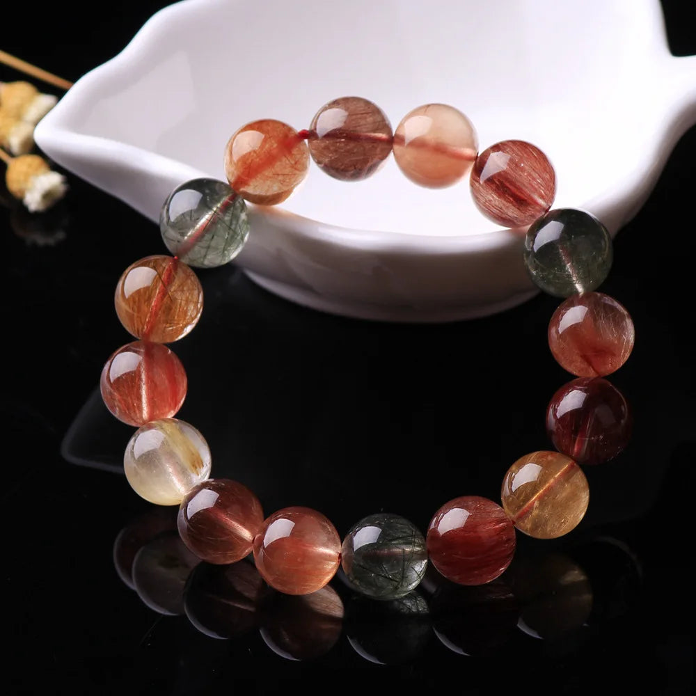 Natural Colorful Rutilated Quartz Beads Bracelet Women Men Red Green Copper Clear Round Beads 8mm 9mm 11mm 12mm 13mm AAAAA