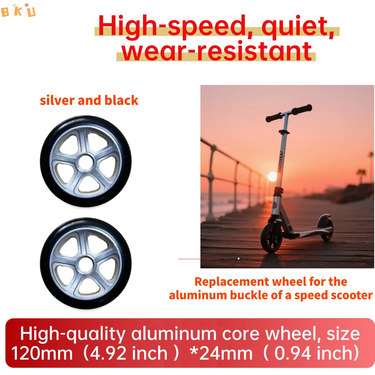 120mm (4.92-inch) Aluminum Core Replacement Wheel for Speed Scooters - Aluminum Alloy + PU with Black Bearings(2PCS)