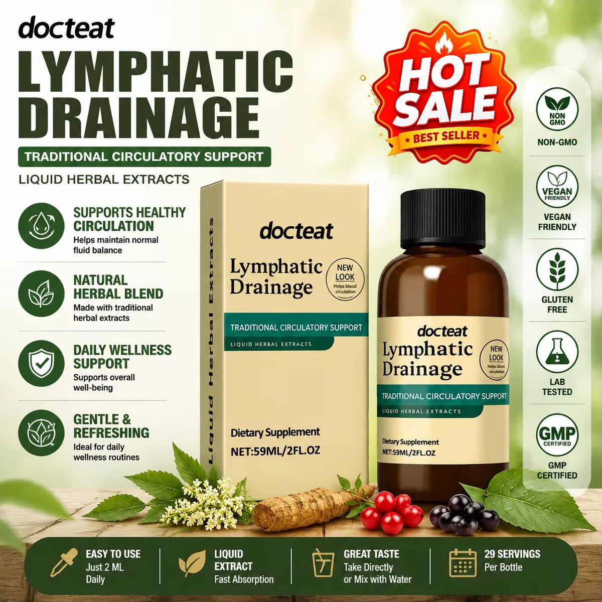 Docteat Lymphatic Drainage Liquid Herbal Extract with Red Clover Flower and Prickly Ash Bark Supports Blood Circulation 59 ML