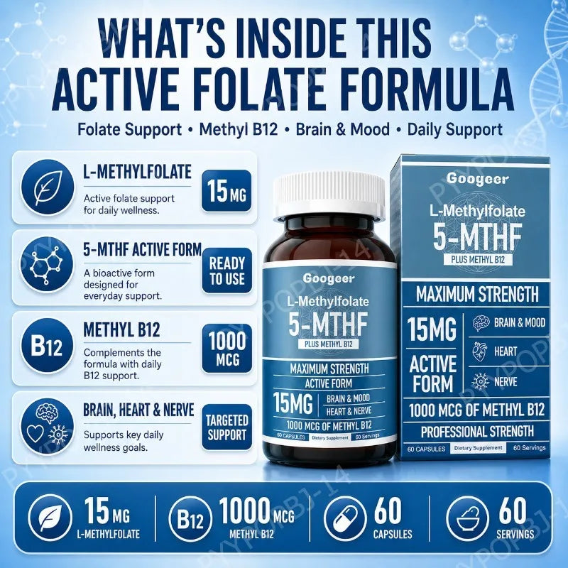 Googeer L Methylfolate 15mg + Methyl B12 1000mcg Active Folate B12 Support 60 Capsules