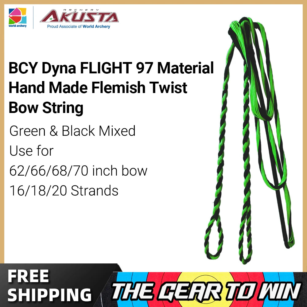 Akusta Recurve Bow Hand Made Bow String Dyna 97 Flight Material 16/18/20 Strands Black and Green Mixed Use For 50-70 Inch Bow