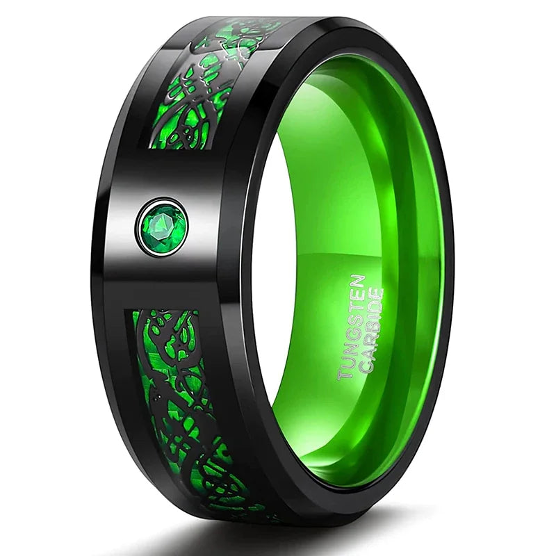 Tigrade 8MM Tungsten Rings for Men Women Cubic Zirconia Eternity Ring Black/Blue/Green/Red Color Cz Celtic Dragon Wedding Bands