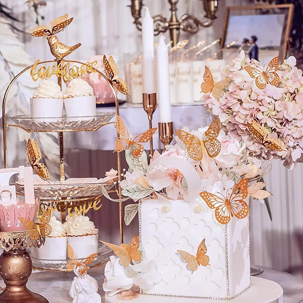 12 pcs Butterfly Cake Toppers Rose Gold for Birthday, Wedding, Engagement Occasions Dessert Decoration Cupcake Toppers DIY Gift