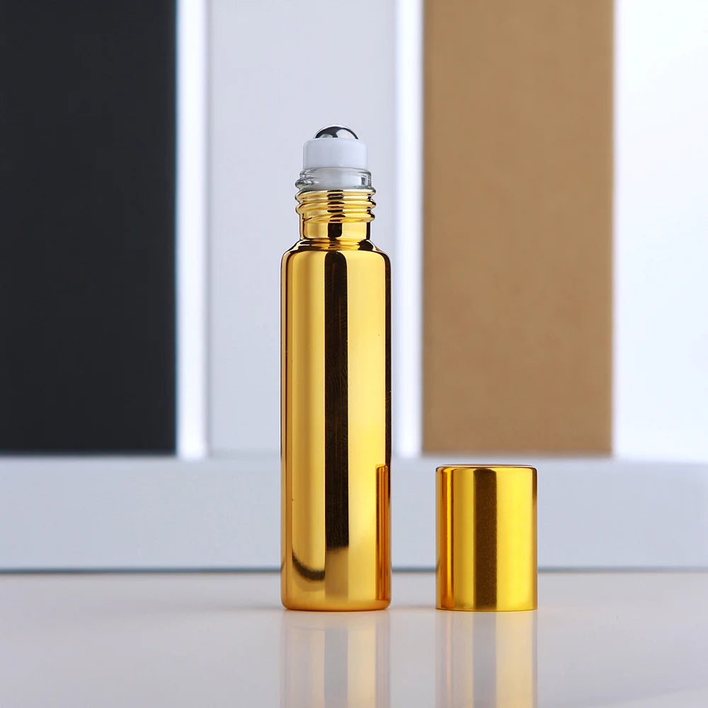 50 Pcs/Lot 10ml Electroplated Roll On Perfume Bottle Refillable Essential Oil Bottles With Box Roller Glass Vials LOGO Pay Extra