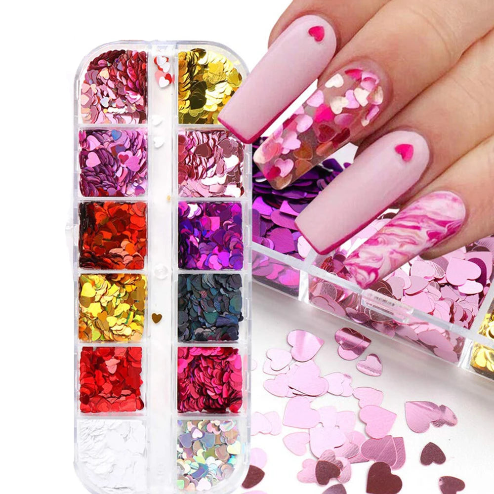 12 Grids Y2K Mini Laser Star Heart Nail Sequins Glitter Five-pointed Stars Nail Flakes Epoxy Resin Mold Fillers Manicure Decor *