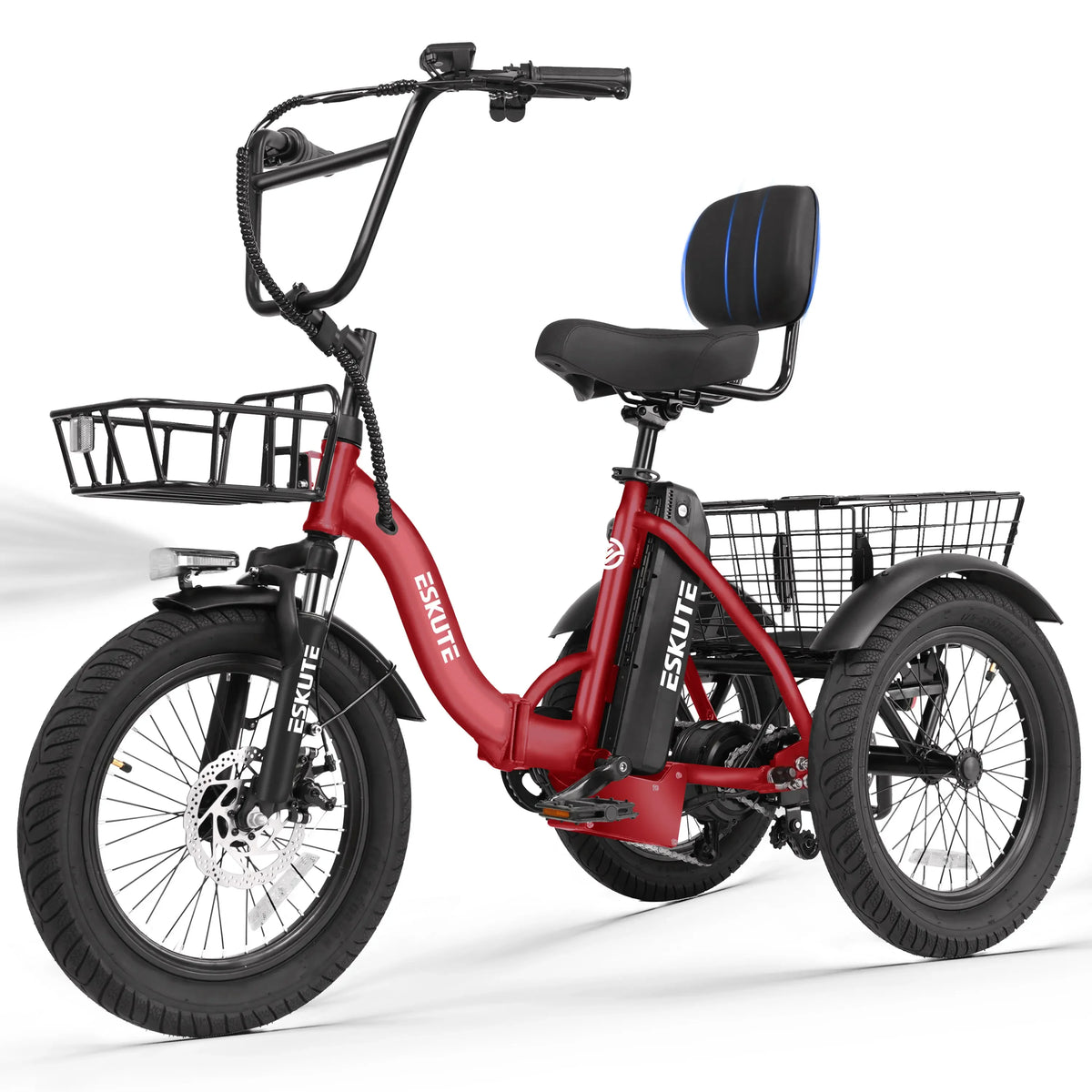 ESKUTE T300 E Trike Electric Bike, Peak 1200W Brushless Motor Folding Trike 18X3.0 Tire Ebike, 624Wh Removable Battery,