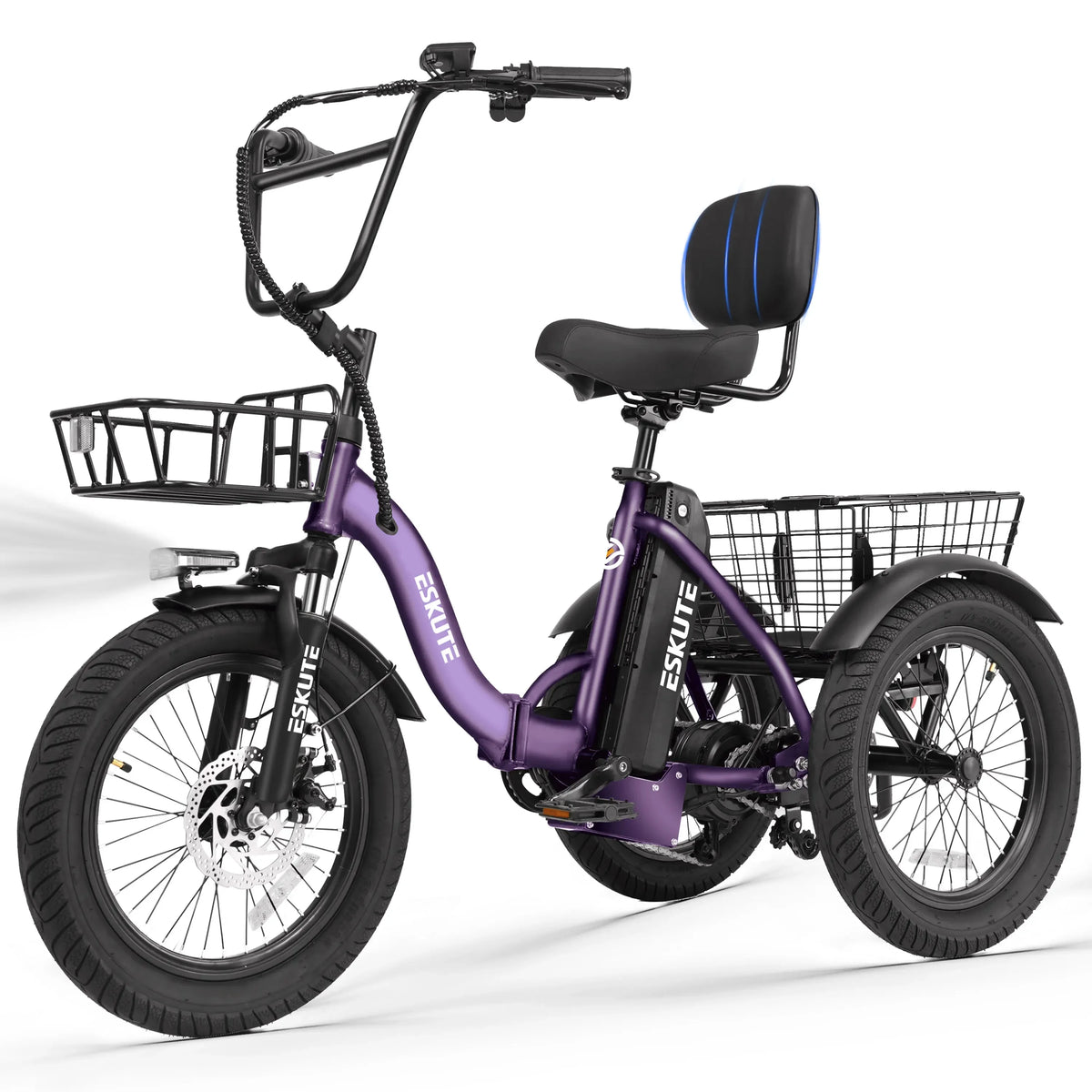 ESKUTE T300 E Trike Electric Bike, Peak 1200W Brushless Motor Folding Trike 18X3.0 Tire Ebike, 624Wh Removable Battery,
