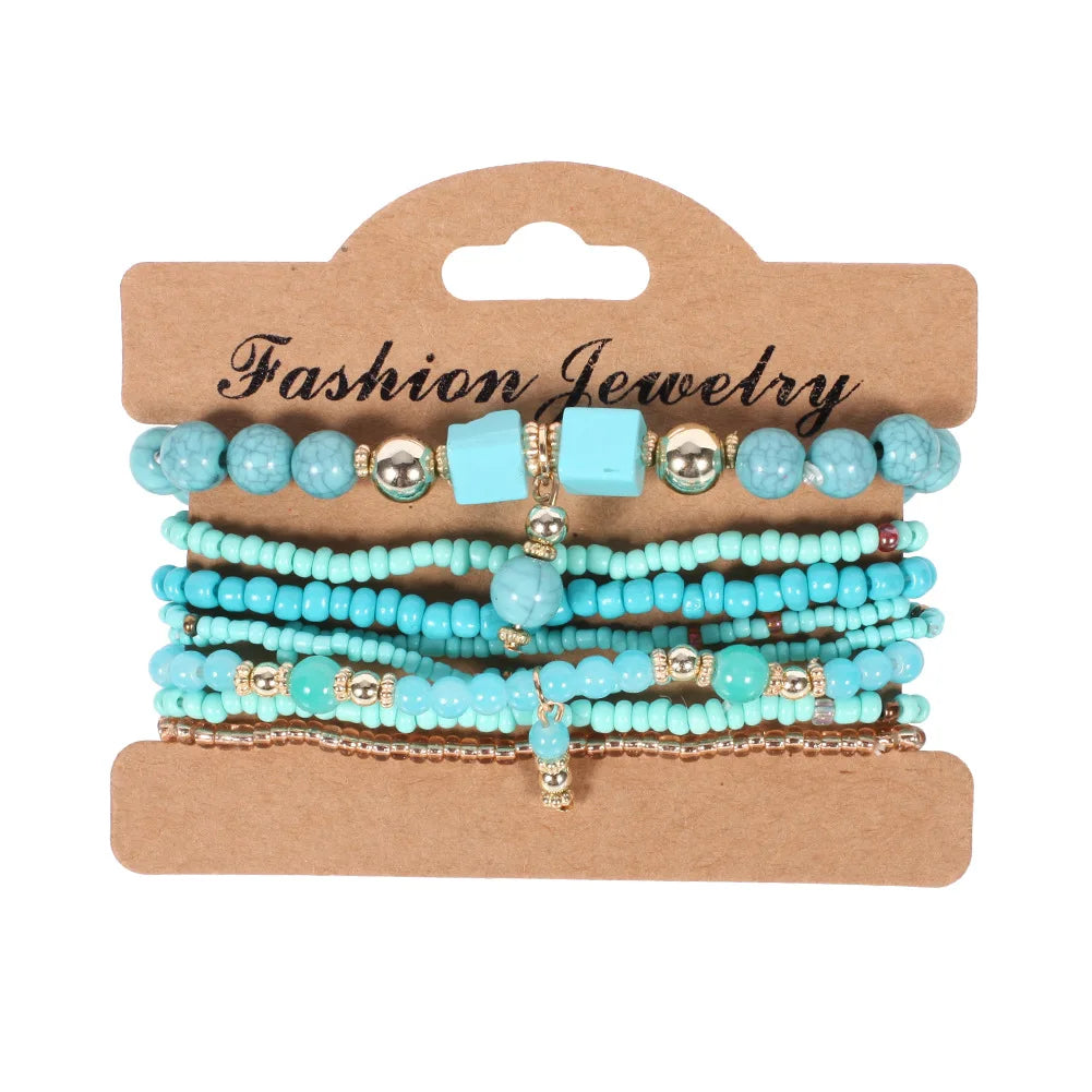 4Pcs/set Bohemia Wood Beads Chain Bracelet Set For Women Tree Of Life Charm Rose Flower Handmade Bangle Girls Boho Jewelry
