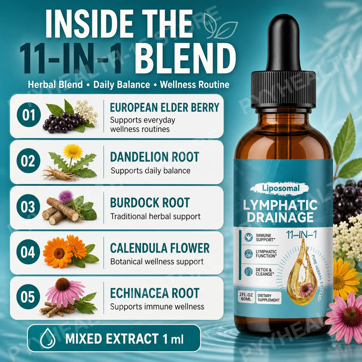 Lymphatic Drainage Support Drops with Elderberry Echinacea Burdock & Dandelion for Fluid Balance Detox & Circulation 2 Fl Oz