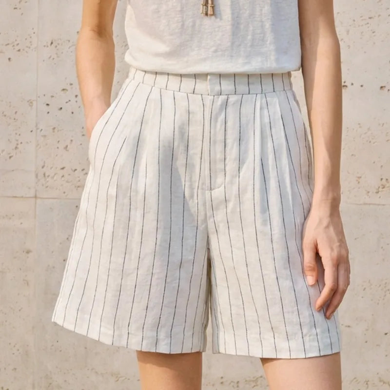 100% Linen Retro Striped Shorts For Women Summer New Loose High Waisted Straight Leg Pants Commuting Casual Girl Shorts
