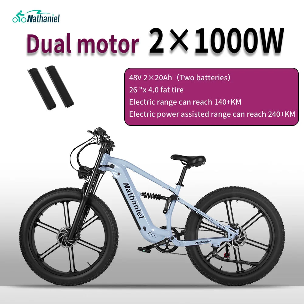 Nathaniel SYR09 Electric Bike 2000W Dual Motor,26*4.0 Fat Tire Integrated Wheel,48V20Ah,55KM/H,All-Terrain Outdoor Sports E-bike