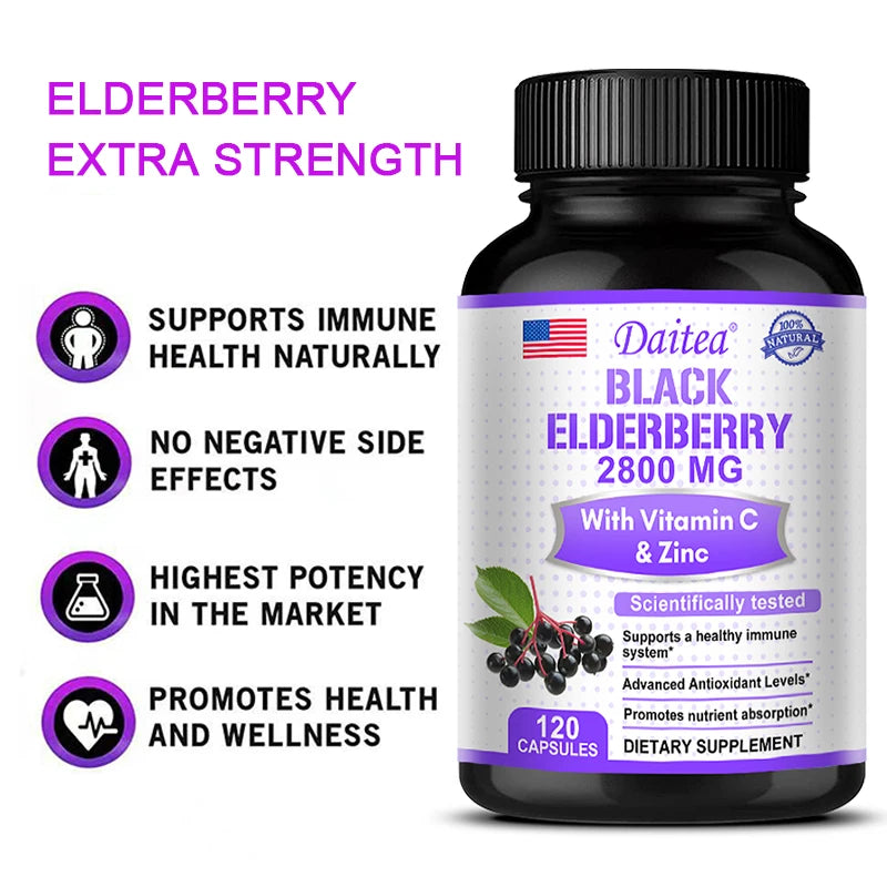Black Elderberry Capsules 2000mg with Vitamin C, Milk Thistle, Antioxidants, Immune System Support, Energy Boost, Non-GMO