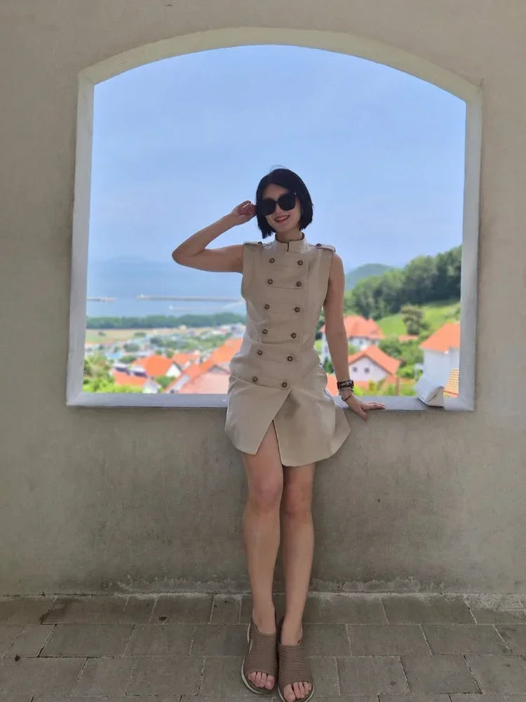 Women's Stand Collar Double Breasted Mini Dress Sleeveless Elegant Casual Slim Fit Short Robe Lady Office New Dresses 2026 Summer