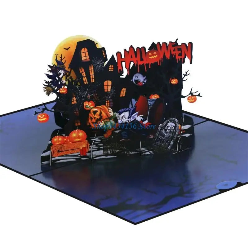 H7ED Halloween Themed Vampires Greeting Card Popup Haunting House Scene Party Supply Decoration