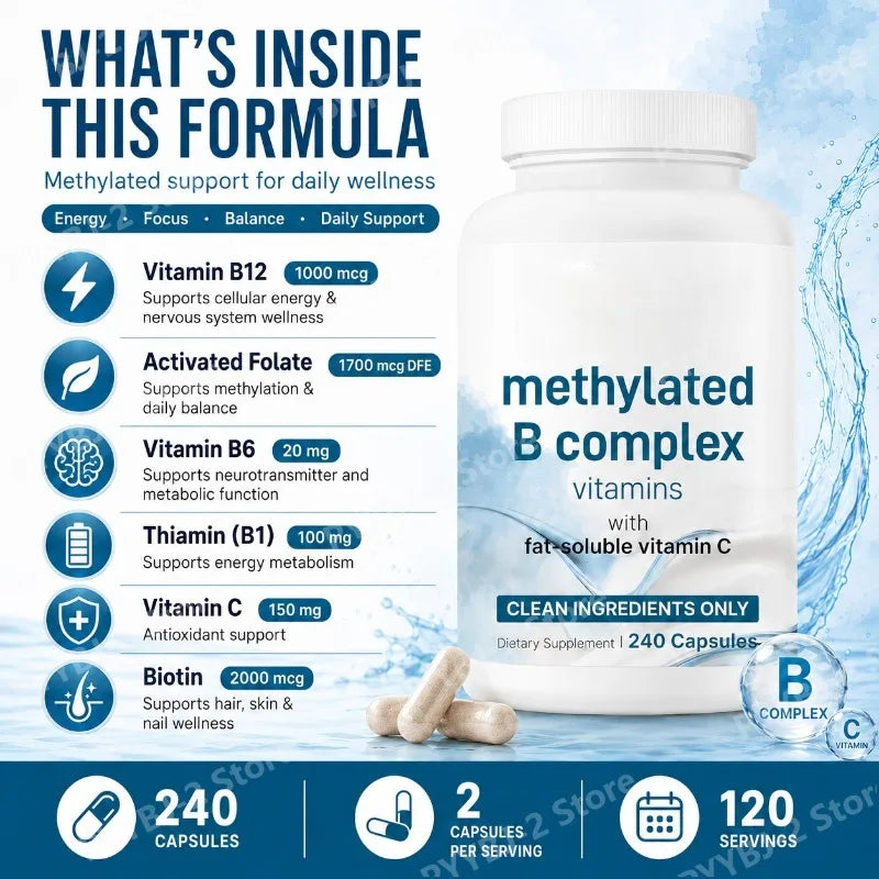 Methylated B Complex Capsule 240 Count Support Energy Generation & Neurological Health — Methylfolate B12,Thiamine and Vitamin C
