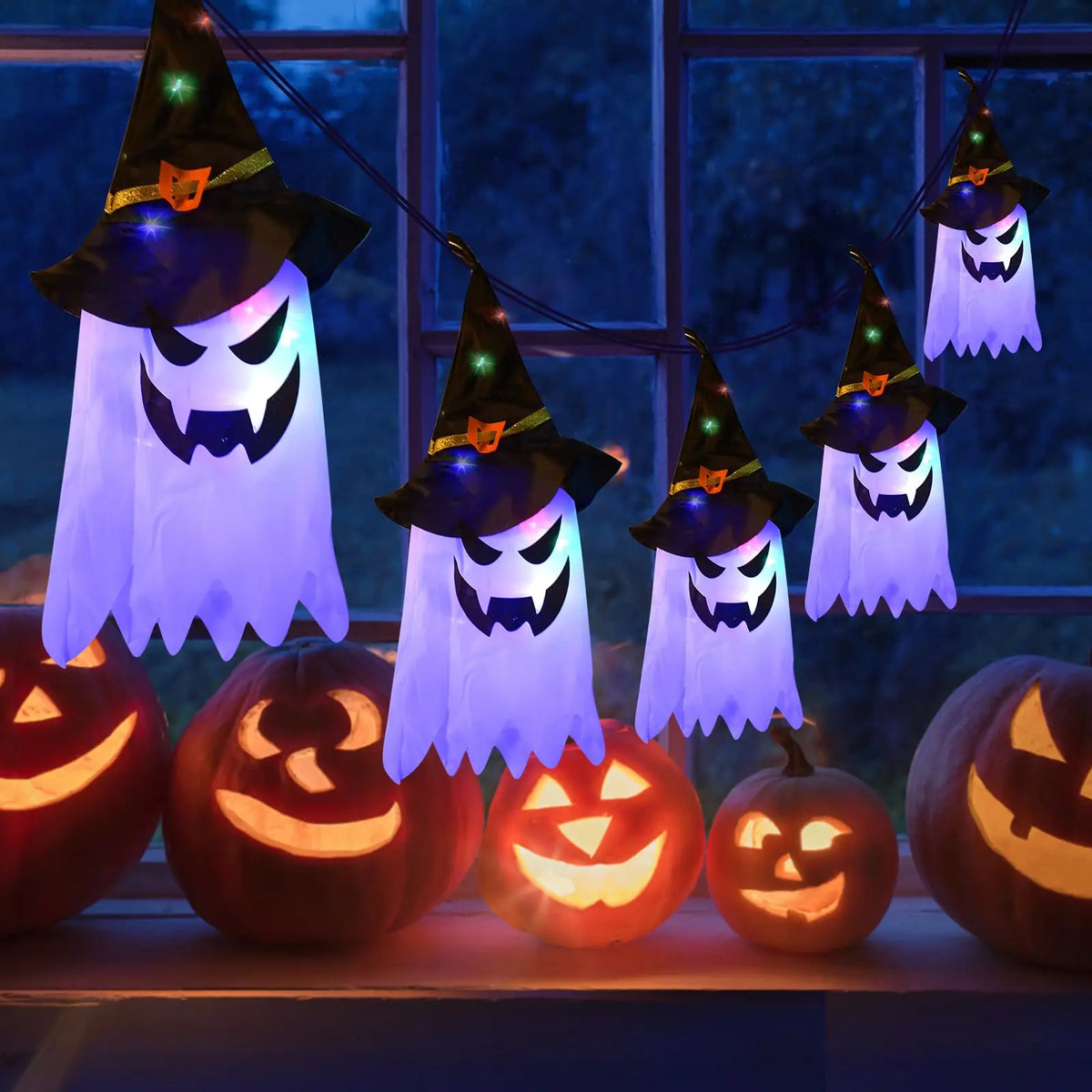 Halloween Hanging Ghost Decorations Outdoor, Glowing Ghost with Witch Hat String Lights for Yard Patio Garden Tree Decoration