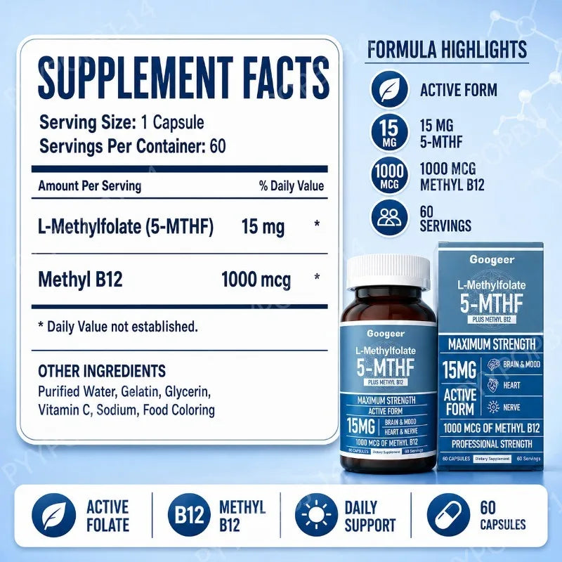 Googeer L Methylfolate 15mg + Methyl B12 1000mcg Active Folate B12 Support 60 Capsules