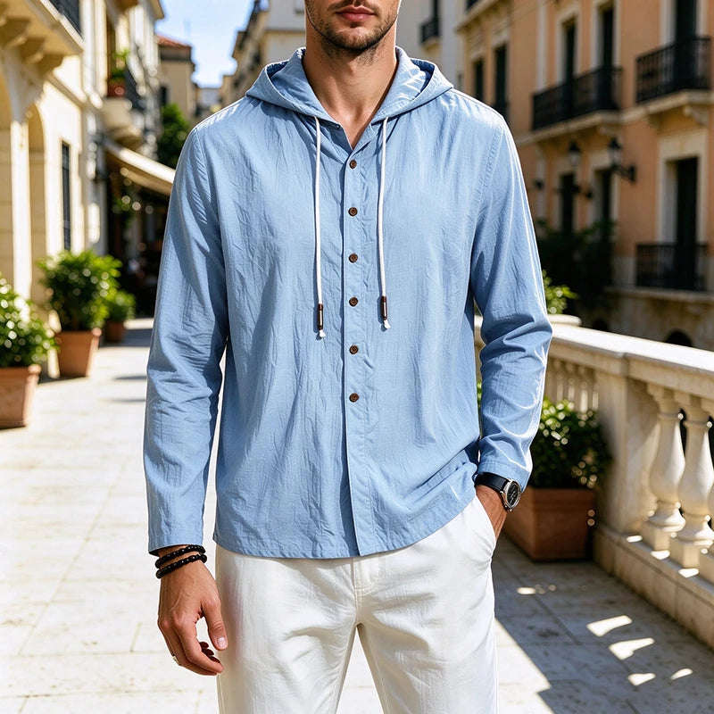 2026 New Men Linen Hooded Long Sleeve Shirt Drawstring Hood Casual Beach Vacation Travel Daily Walking Button Down Blouse