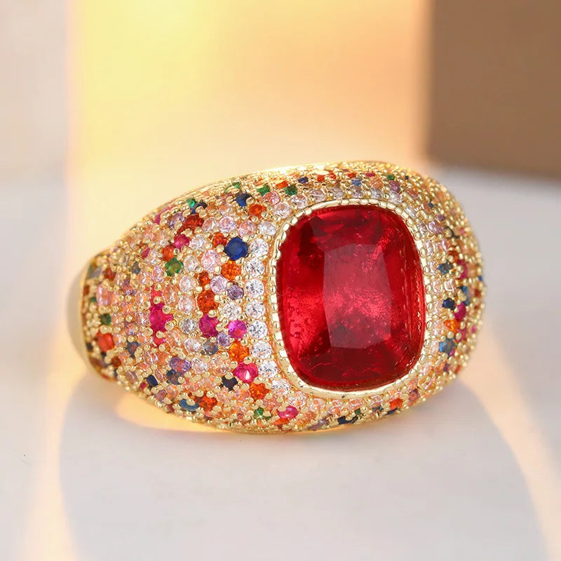 Vintage Gold Plated Ring, Colorful Synthetic Zircon Inlay Design, Sparkling Party Banquet Women's Ring, Elegant Jewelry