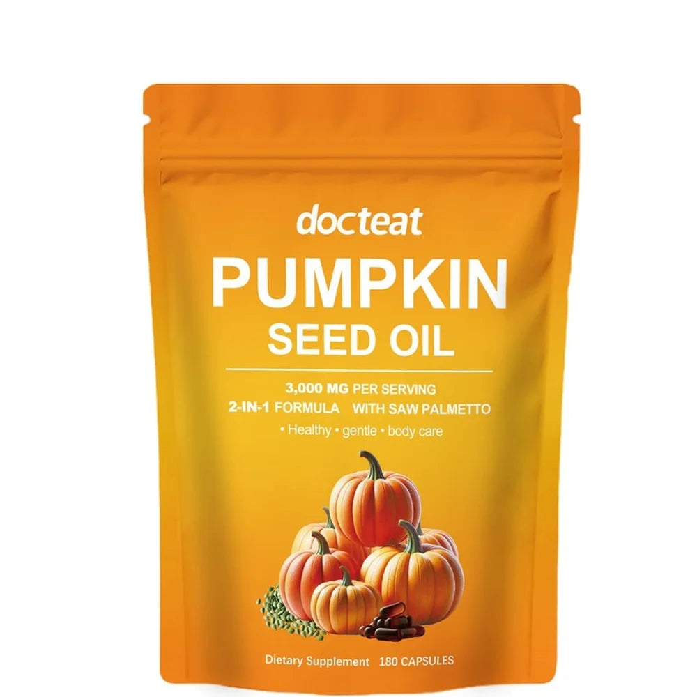 Docteat Pumpkin Seed Oil with Saw Palmetto Capsules 2-in-1 Formula for Prostate and Bladder Function Support, 180 Capsules