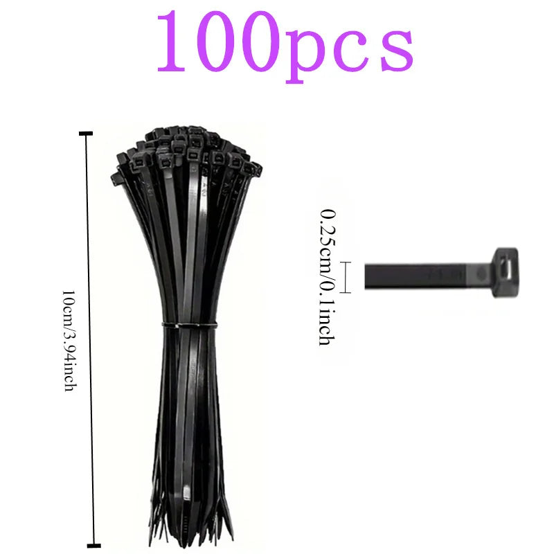 100pcs Black Cable Ties High Tensile Strength, Uv Resistant, Self-Locking for Home & Office Cord Management
