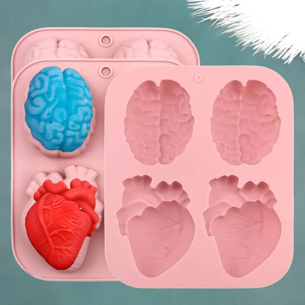 2 Cavity Heart Head Silicone Scent Candle Mold Human Brains Plaster Resin Mold Handmade 3D Organ Halloween Decor DIY Craft Gifts