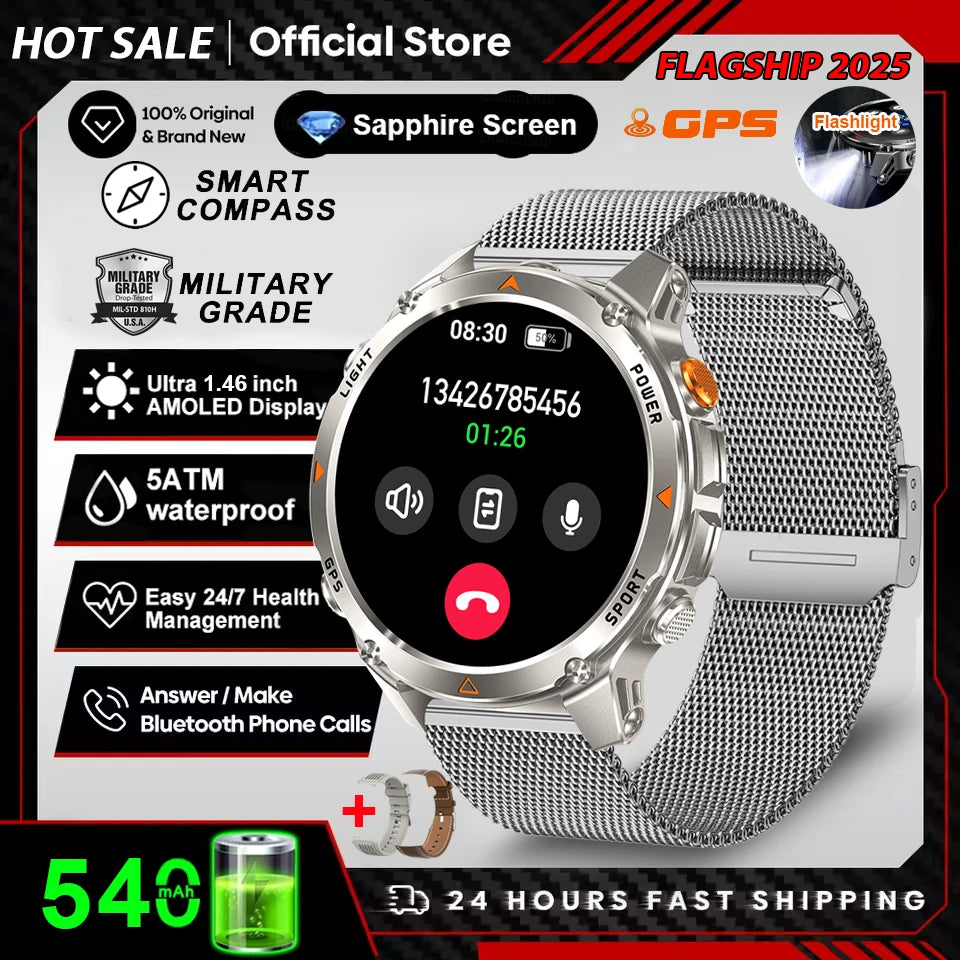 2025 New Military Bluetooth Call Smart Watch Built-in GPS Compass Barometric Altimeter 3ATM Waterproof Sports Smartwatches Men