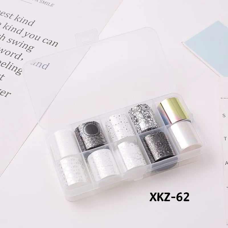 10 Rolls/ Box Charm Nail Foils Polish Stickers Metal Color Starry Paper Transfer Foil Wraps Adhesive Decals Nail Art Decorations