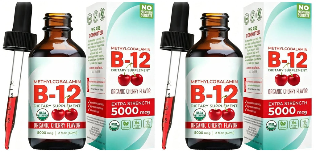 Methylcobalamin B12 5000mcg Daily Energy Vitality Support Organic Cherry Flavor Liquid Drops 60ml