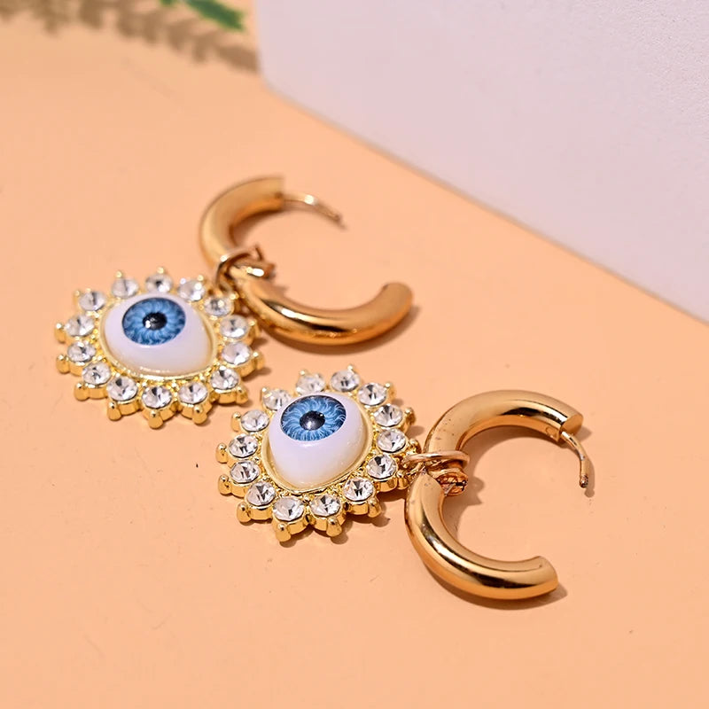 Stainless Steel Hoop Earrings for Women Rhinestone Alloy Evil Eye Fashion Ear Buckle Jewelry Accessories MOON GIRL