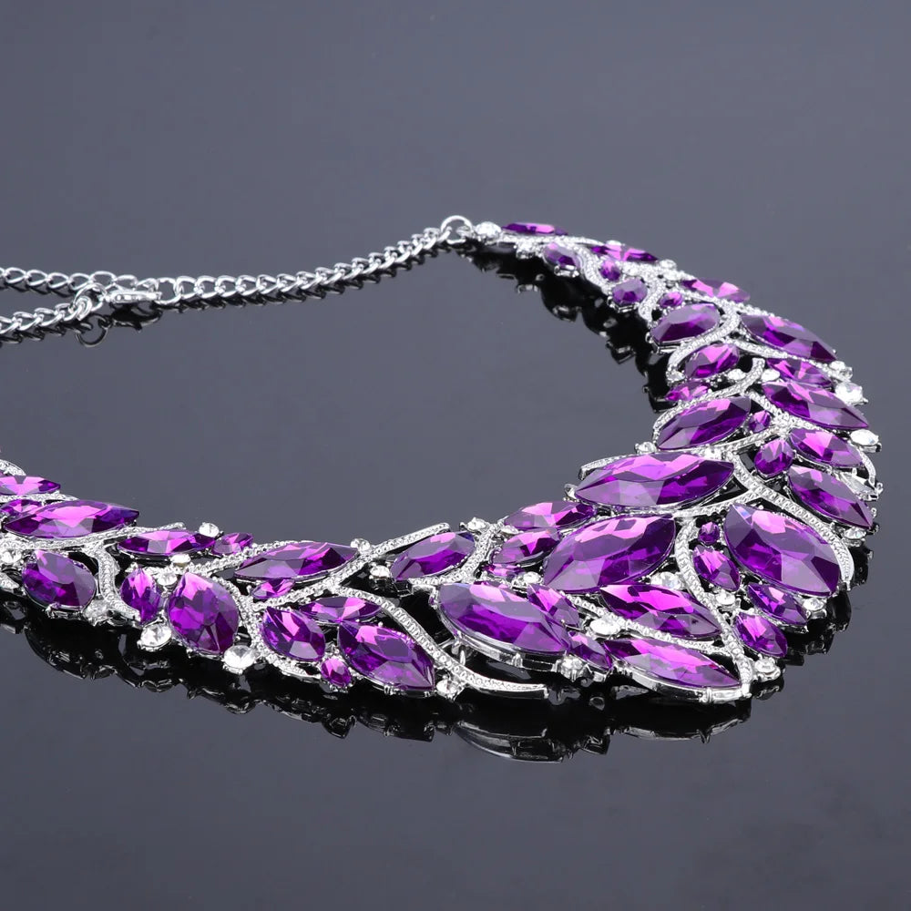 Luxury Silver Color Purple Crystal Bridal Jewelry Sets for Brides Necklace & Earrings Set Wedding Party Costume Accessories